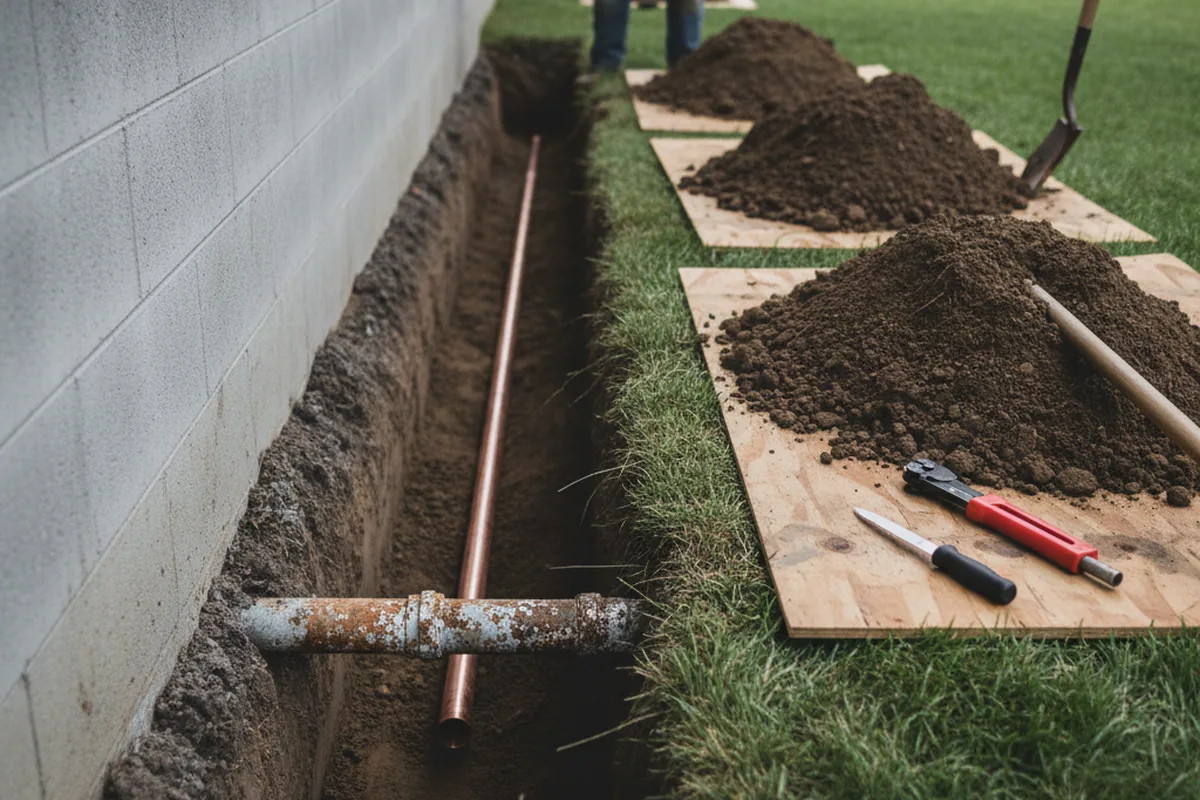 Excavated water line trench during Water Softener Installation in Carrie
